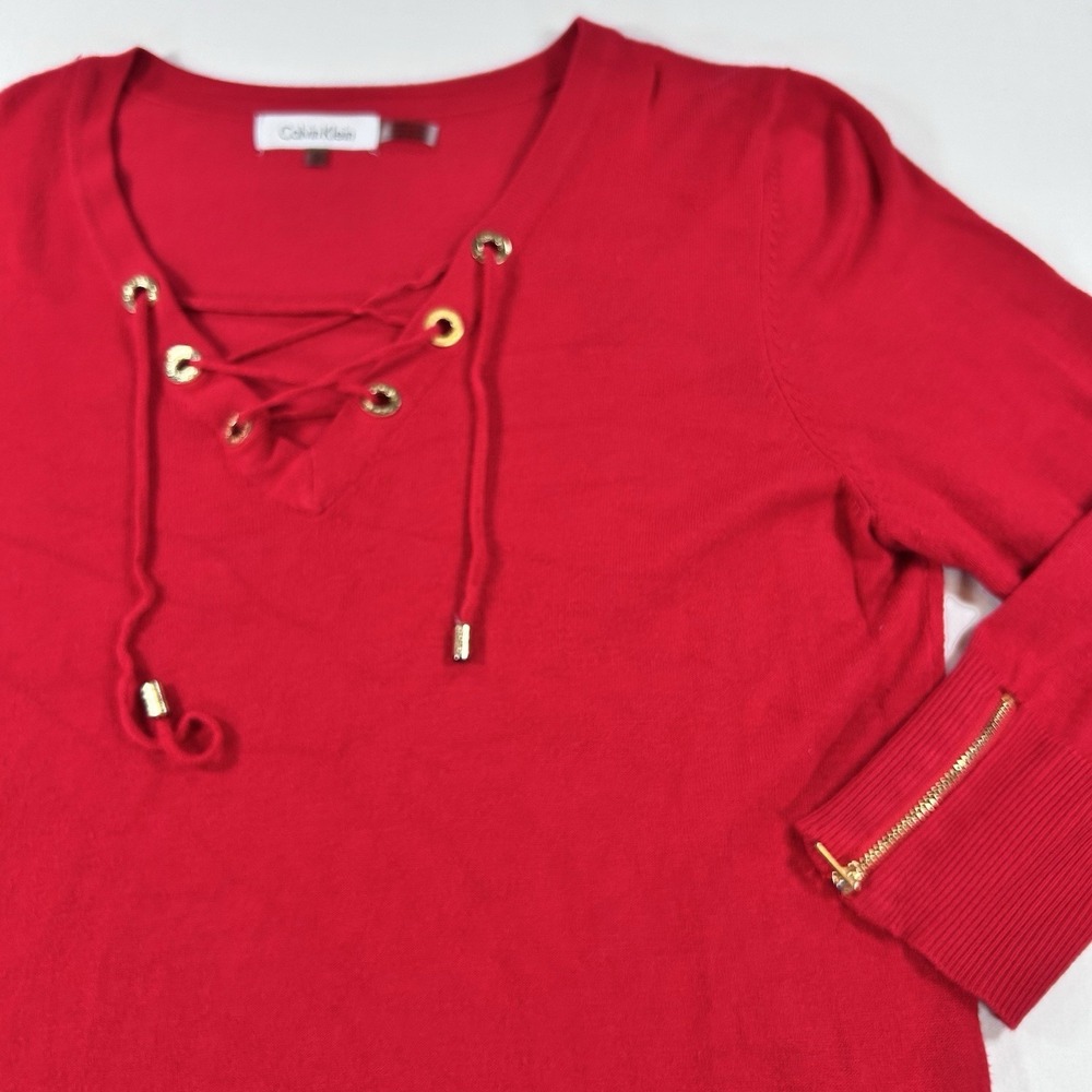 Calvin Klein Top Shirt XL Red Pink Lace Up Gold Accent Zip On Sleeve Sweater